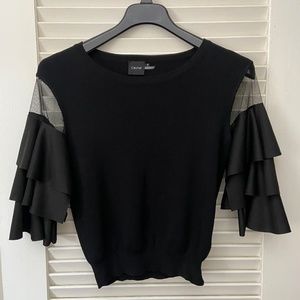 Statement Sleeve Top - Black women's sweater with ruffle sleeve & mesh cut outs